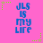 Pink background with blue text reading "JLS IS MY LIFE" repeated in a , surrounded by green and beige star-shaped pixel clusters