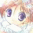 Pixelated anime-style character with large purple eyes and light brown hair against a bright background, next to black with white text