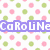 A static image with a white background patterned by repeating pink and green circular shapes, overlaid with purple text reading 'CaRoLiNe' in pixelated font.