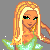 Pixel art fairy character with blonde hair, green dress, and orange boots in a 4-frame contact sheet showing different poses and text elements.