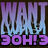 Pixelated text 'WANT' in gradient purple-to-blue with dripping effect above '30H!3' in solid purple, blue, and white across three views.