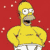 Static pixelated cartoon icon of Homer Simpson with yellow skin, white pants, and a red background featuring scattered light pink dots.