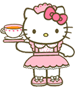 Hello Kitty character in pink dress holding teacup tray, two states with closed eyes and heart symbol in second state.