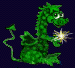 Green pixelated dragon with spiky scales, wings, and tail holds a glowing orb that changes color
