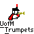 Pixelated icon of a black-and-white figure with red accents holding a yellow trumpet, set against gray background with text below.