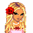 Pixel art animation of a blonde doll in pink dress with red accents, holding a red purse and flower, next to text "Pretty as a flower" on white background.
