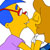Yellow cartoon character with blue hair and red glasses kissing a brown-haired figure in purple clothing against white background.