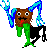 Pixelated cartoon character with brown head, green limbs, black wings, and blue tentacle-like arms in multiple poses against gray background.