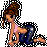 Pixelated cartoon-style female character in a kneeling pose with brown hair, pink top, and blue pants against gray background.