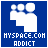 Blue square icon with white silhouette of three figures and text 'HYSPLACE.COM ADDICT' in white and orange, animated text color changes.