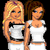 Two pixelated female figures in white outfits stand side-by-side on a black background, with pink displaying text