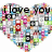 Heart-shaped pixel mosaic with text fragments reading "I love you almost" and "as my I", featuring red, black, white, green, blue, pink pixels.