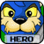 Animated contact sheet of a blue Lupe character from Neopets with yellow eyes and beige muzzle, displaying five sequential frames showing mouth movement while the word HERO appears below in varying text colors.