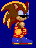 Pixelated character with brown spiky hair, blue shoes, and orange torso stands against solid dark blue background.
