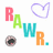 Pixelated text 'RAW' in pink, green, cyan, orange letters with a purple heart outline and gray circular object on white background.