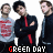 Animated contact sheet of 12 frames showing a group of young men in various poses with 'GREEN DAY' text below each frame, displayed on a gray background.