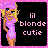 Pixel art contact sheet showing two frames of an animated icon featuring a blonde female character in a pink dress with text "lil blonde cutie" on black background bordered by pink pixels.
