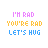 Pixelated text-based animation with multicolored 'I'M RAD' and yellow 'YOU'RE RAD', blue 'LET'S HUG' on white background, showing color variations across frames.