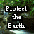 Pixelated text "Protect the Earth" in white letters on black rectangular blocks against a green and brown pixelated background.