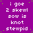 Purple background with white pixelated text repeating 'i goe 2 skewl sow is knot stewpid' in a pattern, scattered green dots, and a solid gray rectangle in the bottom-right corner