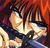 Pixelated static image of two anime-style figures in close proximity against a fiery orange-red background.