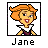 Pixel art icon of a cartoon character with orange hair and a white-and-brown outfit, labeled "Jane" below the frame.