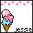 Pixelated ice cream cone with two scoops, pink and light blue, on a white background with pink heart border and 'jessie' text.