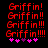 Red pixelated text 'Griffin!' with increasing exclamation marks and pink/purple hearts on black background.