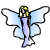 Pixelated figure with blonde hair, light blue translucent wings, and a lavender dress against white background.