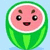 Pixelated watermelon slice character with pink flesh, green rind, and white inner edge; smiling face with brown eyebrows and black eyes on light blue background.