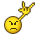 Yellow circular emoji face with furrowed brows and downturned mouth, making a rock-on gesture with right hand against gray background.