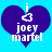 Two side-by-side pixelated heart-shaped icons with blue background, white text "i joey martel" and a small heart symbol inside the larger purple heart.