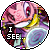 Pixelated circular icon with pink-skinned character, red eyes, yellow hair, and blue spiral object, displaying "I SEE..." text with white sparkles on right side.