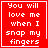 Red square icon with white pixelated text reading 'You will love me when I snap my fingers' and a small heart symbol in the bottom-right corner of one