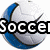 A soccer ball with blue and white , overlaid with the word 'Soccer' in bold black letters