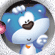Blue and white cartoon bear with pink flower, orange tag, brown nose, and closed eyes in circular frame.