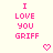 Pixelated pink text "I LOVE YOU GRIFF" repeated across a light background with small heart and arrow symbols.