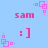 Pixelated pink text and symbols on a light blue background with repeating patterns.