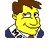 Pixelated cartoon character with yellow skin, brown hair, and blue shirt with white collar; four variations of facial expressions including smiling, laughing, and neutral.