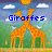 Pixelated scene with two giraffes under a sun, clouds, and green landscape; text changes from 'Giraffes' to 'are' then 'cool!!!'