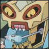 A cartoon robot head with large circular eyes, a wide mouth showing teeth, and a metallic body holding a blue object.