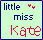 Pixelated text 'little miss kate' in blue and pink on light green background with dark blue border, two red pixel hearts above 'miss'.
