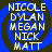 Four identical blue circular icons with white text arranged in a spiral pattern, each containing the names NICOLE DYLAN MEGAN NICK MATT.