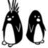 Two black-and-white penguin figures with white bellies stand side-by-side on a white background, one with spiky hair, red text "ROCK" above and "ON" below.