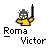 Pixelated character in yellow shirt and gray helmet holding black sword above head, with 'Roma Victor' text below on light gray background.