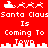 Red background with white pixelated text and icons showing Santa Claus coming to town, repeated in two