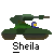 Pixelated green tank with blue and yellow details on gray background, featuring multiple speech bubbles containing text like 'hello', 'Sheila', '...bigtank', and 'lady'.
