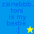 Blue text reads 'zainebbb. toni is my bestie. :] ' on blue and yellow backgrounds with a yellow star in one frame and a blue star in another.