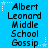 Blue background with repeated text "Albert Leonard Middle School Gossip" in black pixelated font, surrounded by white star and dot decorations.