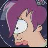 Purple-haired cartoon character with large white eye, black pupil, and pink lips in profile view against dark background.
